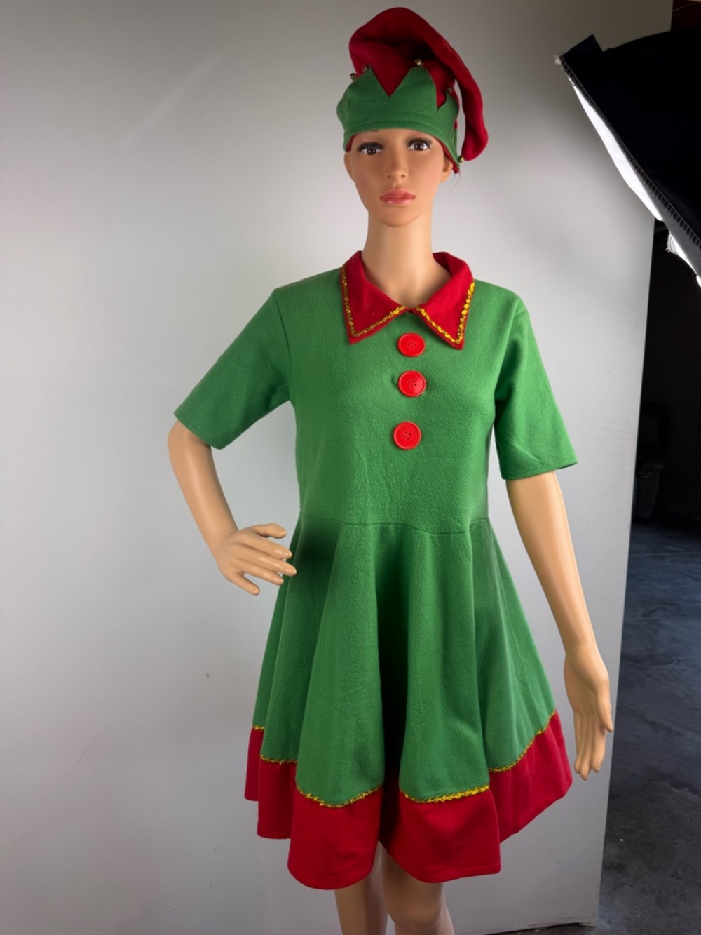 Christmas Elf Costume Womens S/M Santa's Helper Dress and Hat